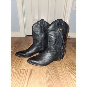 Vintage Cat's Paw Fringed Leather Cowgirl Boots With Metal and Turquoise Accents